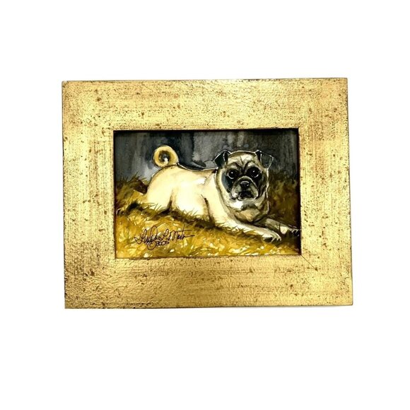 Painting Pug Dog Watercolour Signed & Framed Adorable Art Gift Decor Gift